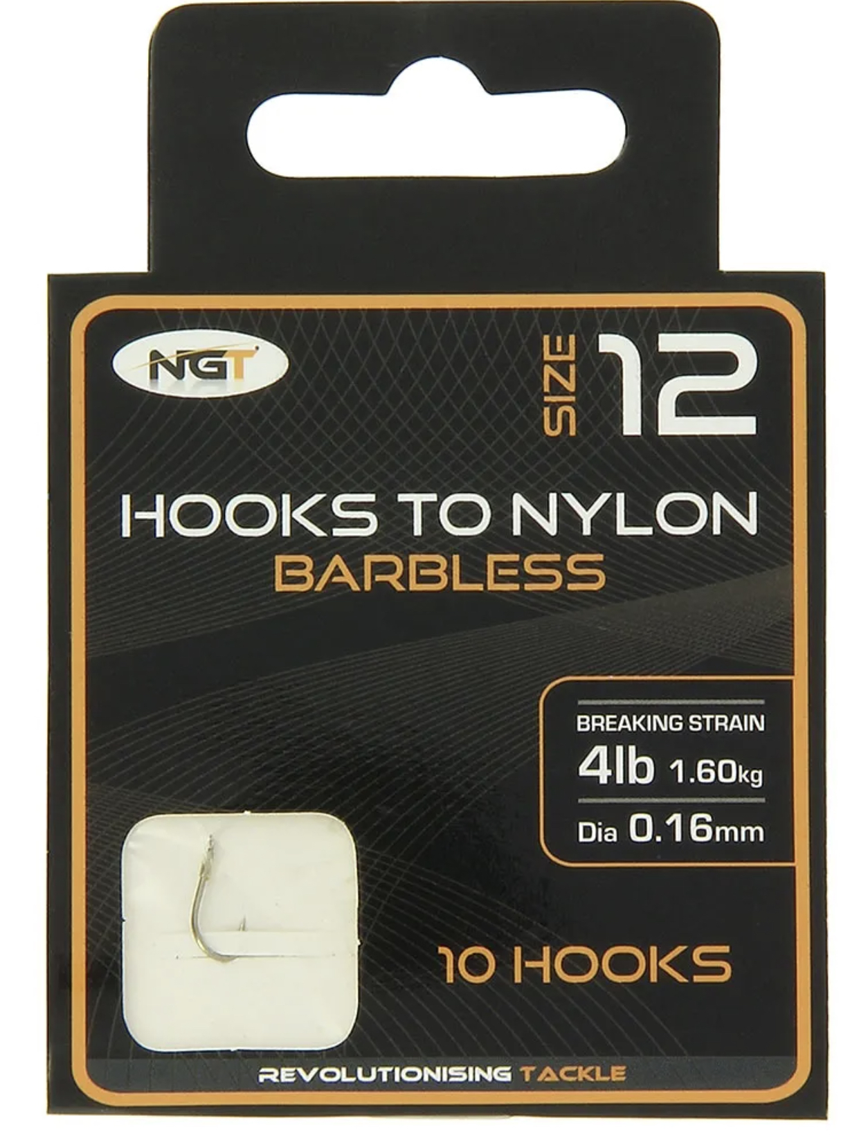 NGT Hooks to Nylon Barbless Size 12 10 hooks per pack.