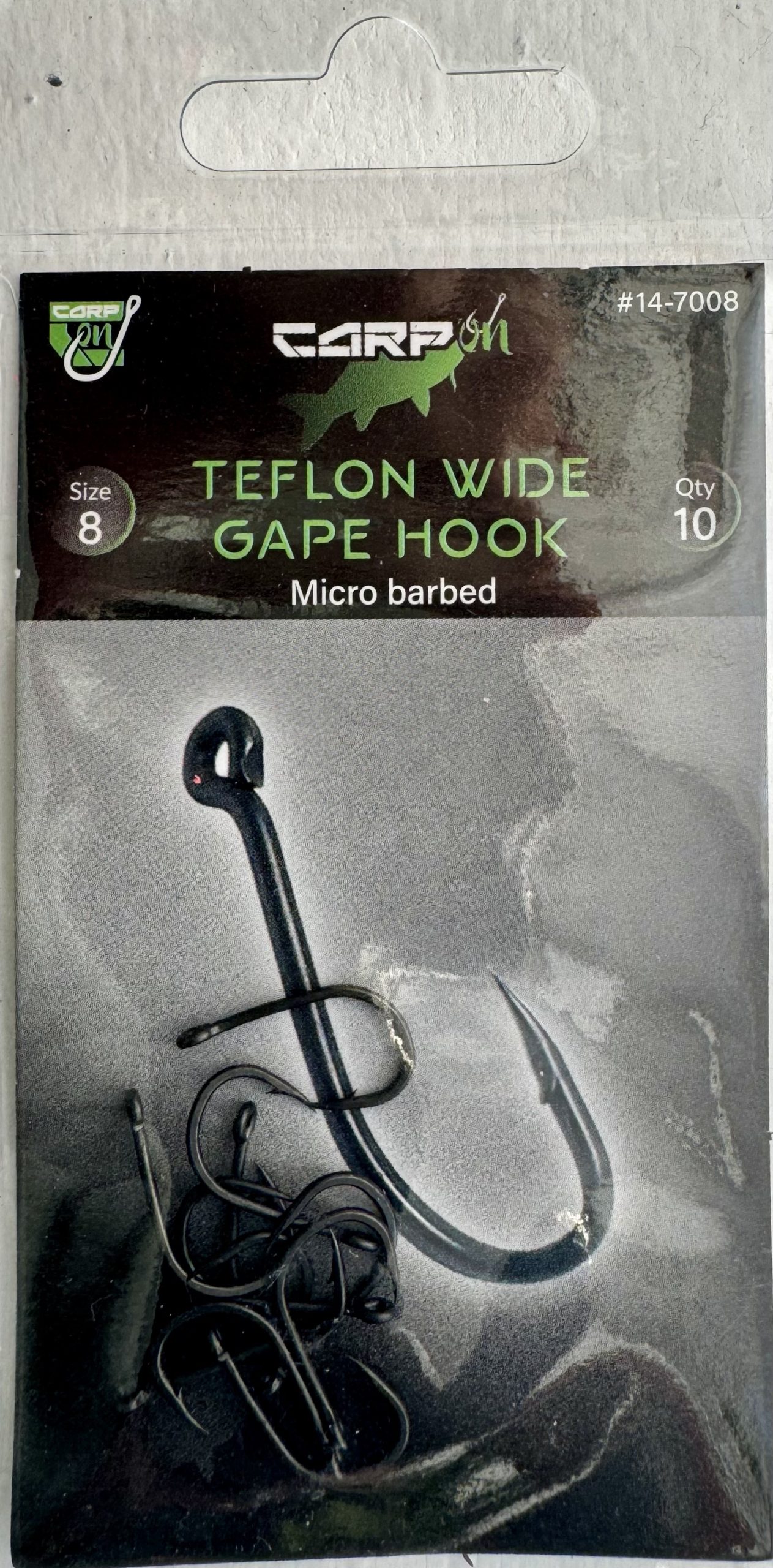 Carp On 14-7008 Size8 Teflon Wide Gape Hooks - Micro Barbed