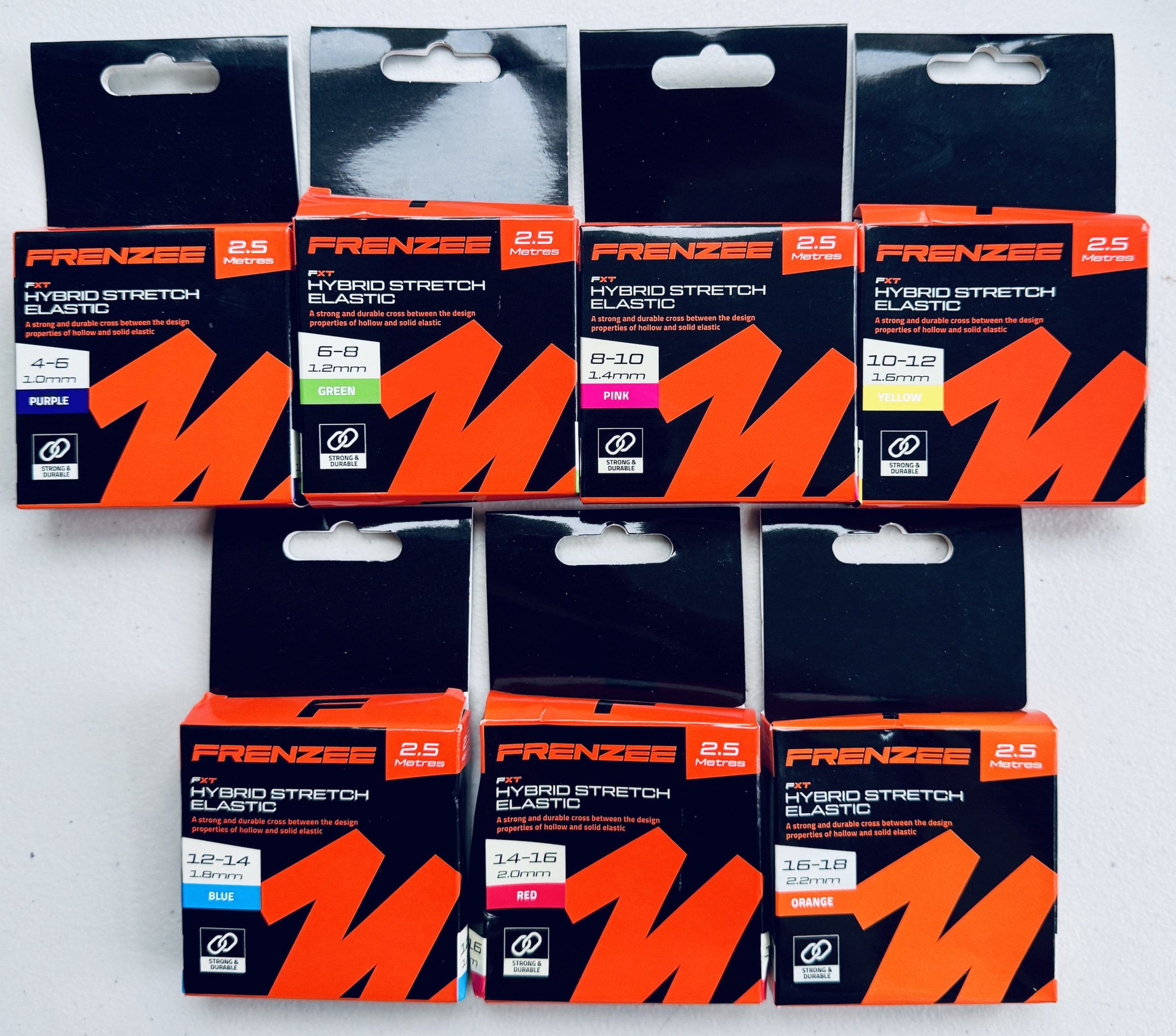 Image showing Retail Packs of Frenzee FXT Hybrid Stretch Elastic in 7 sizes
