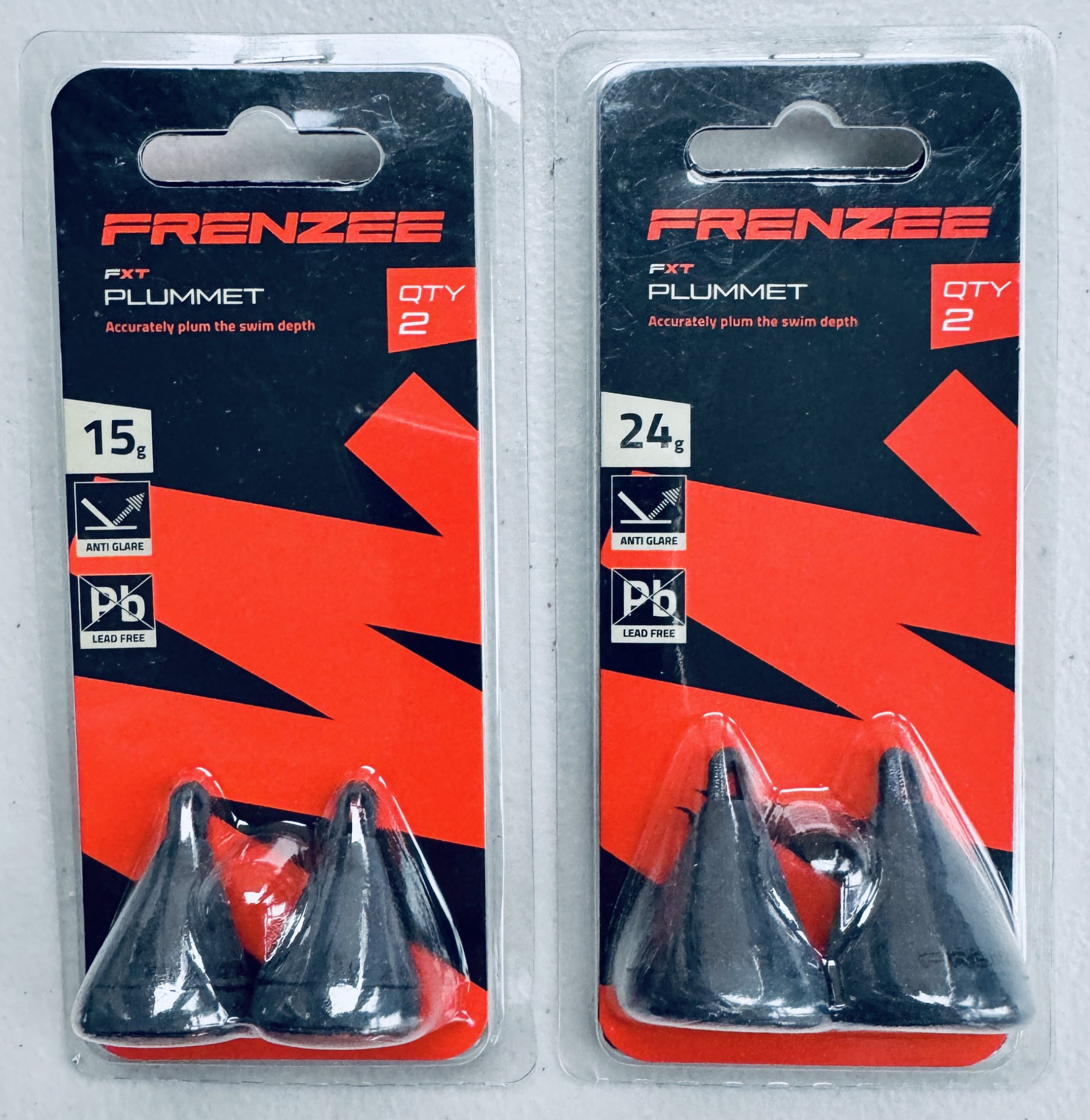Image of retail packs of Frenzee FXT Plummets size 15g & 24g 2 per pack
