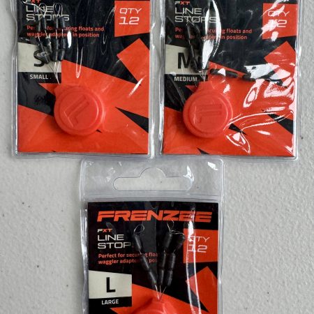 Images of Frenzee FXT Line Stops in 3 sizes shown in retail packaging