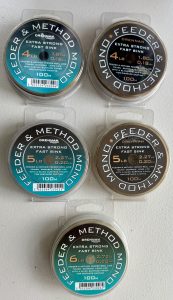 Image of retail packs of fishing tackle - Drennan 100m Feeder & Method Mono 100m Spools in 3 breaking strains.