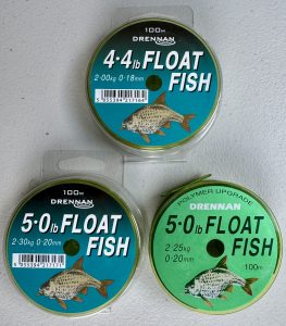Image of retail packs of fishing tackle - Drennan 100m Float Fish Mono spools available in 4.4lb or 5lb breaking strains.