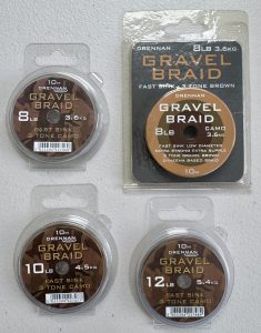 Image of retail packs of fishing tackle - Drennan Gravel Braid 10m spools which are available in multiple sizes.