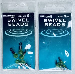 Image of retail packs of fishing tackle - Drennan Green Swivel Beads come in 2 sizes Mini 4mm or Medium 6mm, and in packs of 5.