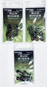Image of retail packs of fishing tackle - Drennan Quick Change Run Rings are sold in packs of 8 and are available in 3 sizes Small, Medium & Large.