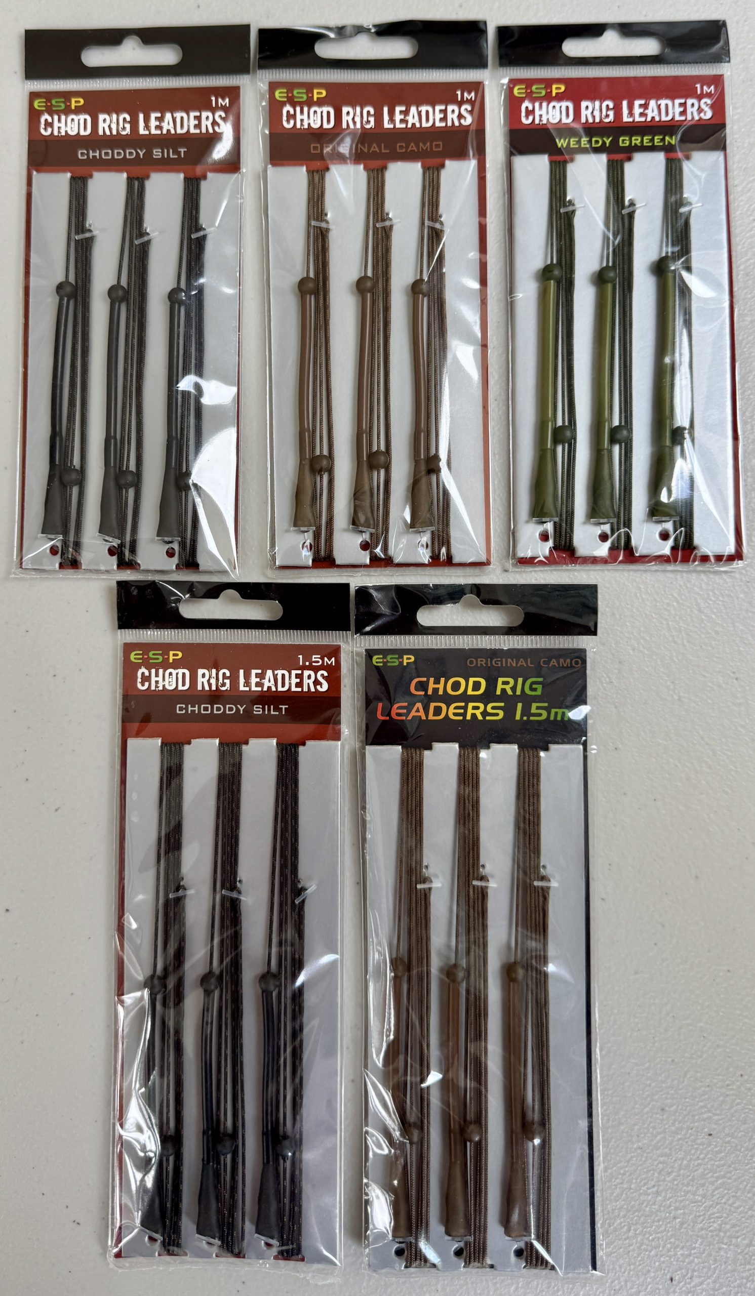 Image of retail packs of fishing tackle - ESP Chod Rig Leaders are available in 2 sizes and 3 colours.
