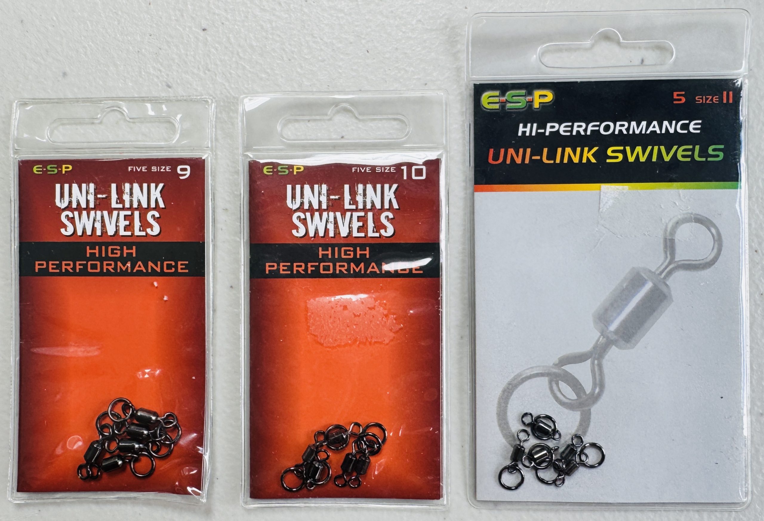 Image of retail packs of fishing tackle – ESP HIgh Performance Uni-Link Swivels available in Size 9, Size 10 or Size 11.