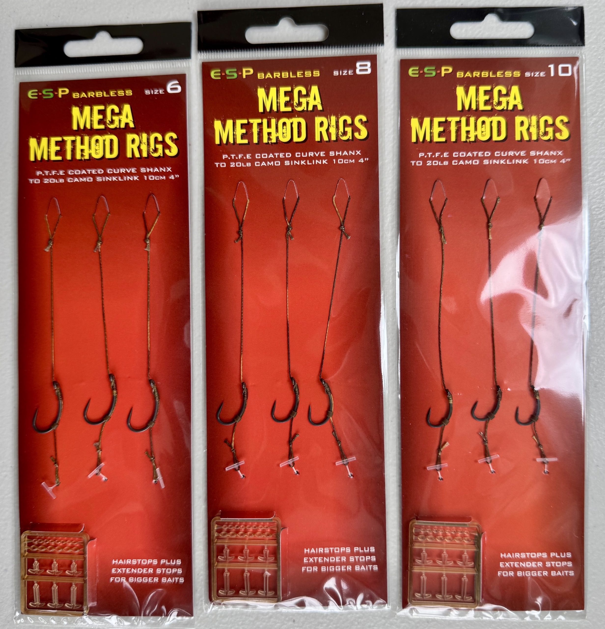 Image of a retail packs of fishing tackle - ESP Barbless Method Rigs are available in Size 6, 8 or 10 (3 rigs per pack).