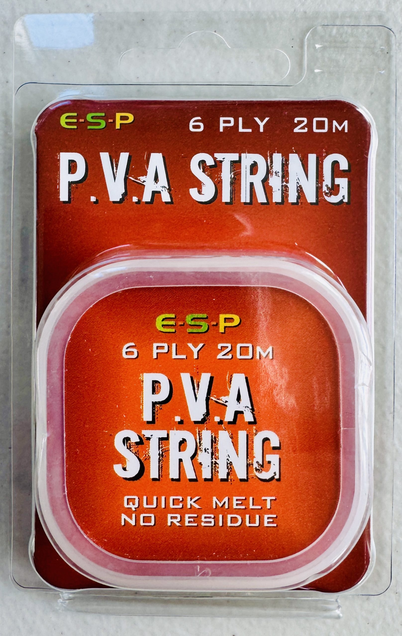 Image of a retail pack of fishing tackle – ESP PVA String 6 ply on a 20m Spool.
