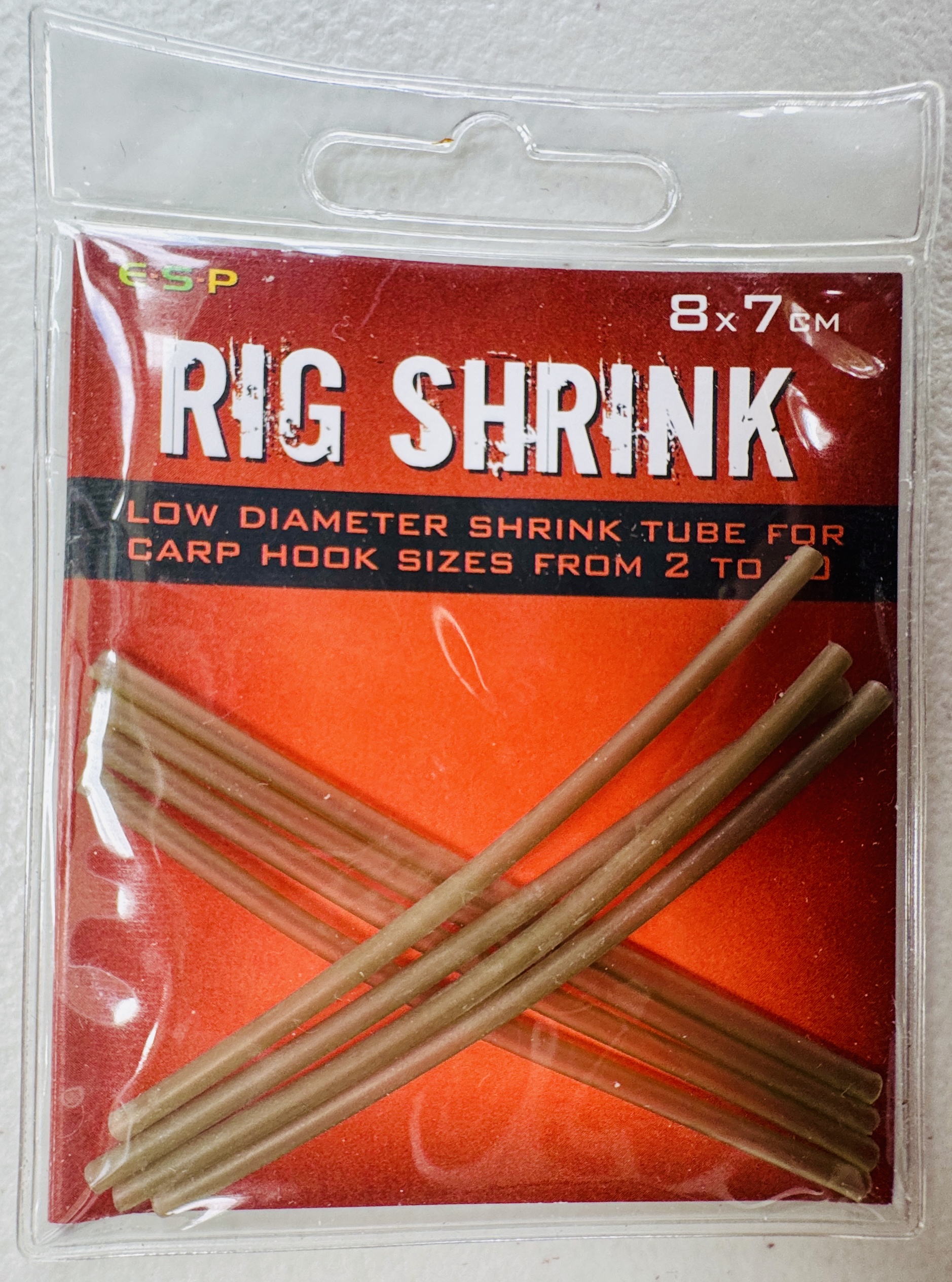 Image of a retail pack of fishing tackle – ESP Rig Shrink is a low diameter shrink tube supplied in packs of 8 x 7cm lengths