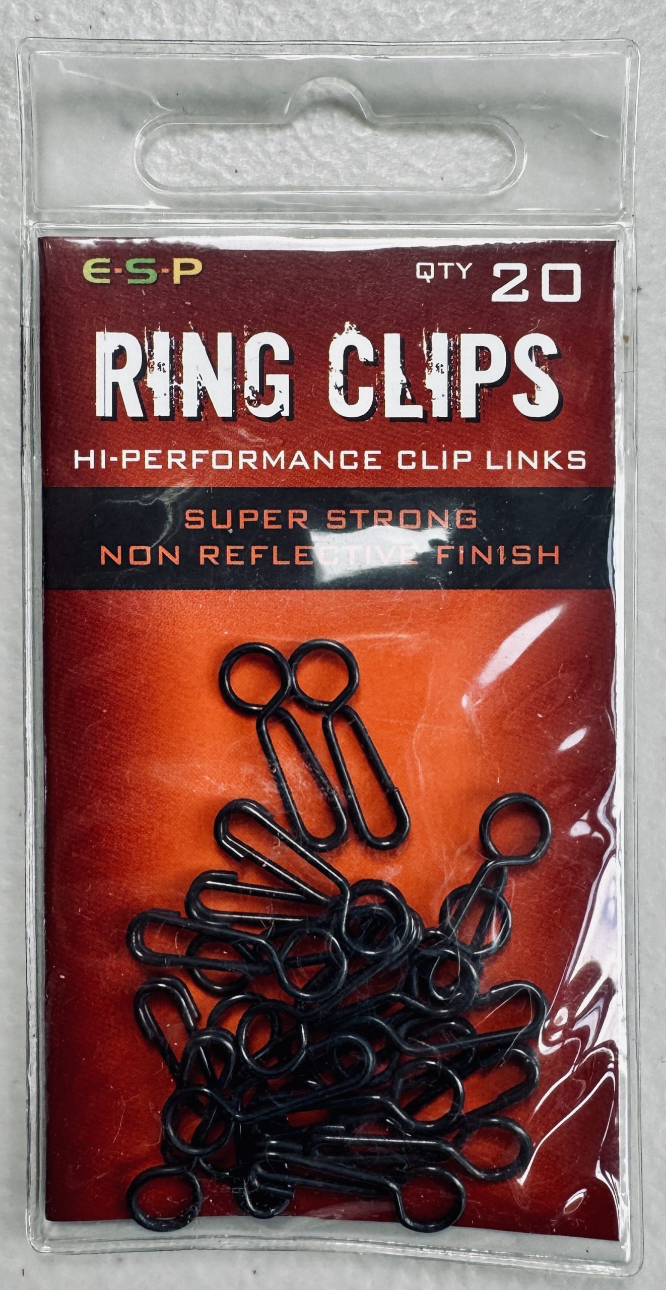 Image of a retail pack of fishing tackle – ESP Ring Clips - quantity 20 per pack.