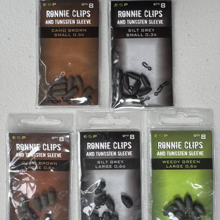 Images of retail packs of fishing tackle – ESP Ronnie Clips and Tungsten Sleeve are available 0.3g and 0.6g, and in 3 colour options.