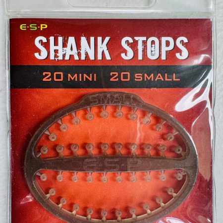 Image of a retail pack of fishing tackle – ESP Shank Stops are in packs of 40 - 20 Mini and 20 Small per pack.