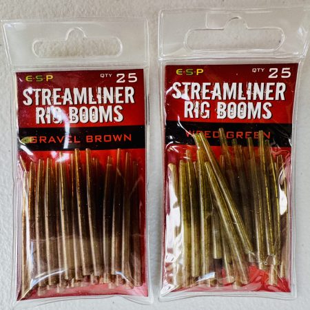 Image of retail packs of fishing tackle - ESP Streamliner Rig Booms available in 2 colours and with 25 in each pack.