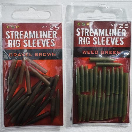 Image of retail packs of fishing tackle – ESP Streamliner Rig Sleeves are available in 2 colours in packs of 25.