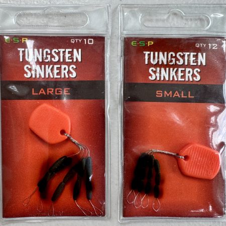 Image of retail packs of fishing tackle - ESP Tungsten Sinkers available in 2 sizes.