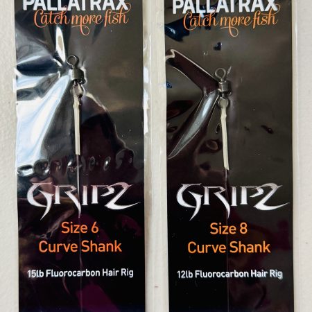 Image showing 2 packs of Pallatrax Gripz Curve Shank Fluorocarbon Carp Hair Rigs in Size 6 and Size 8.