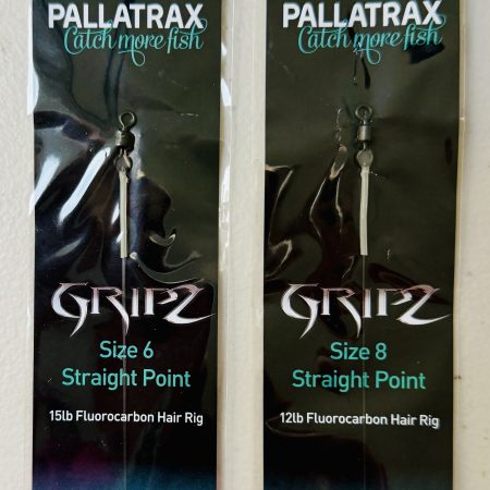 Image of retail packs of Pallatrax Gripz Straight Point Fluorocarbon Hair Rigs in size 6 and 8