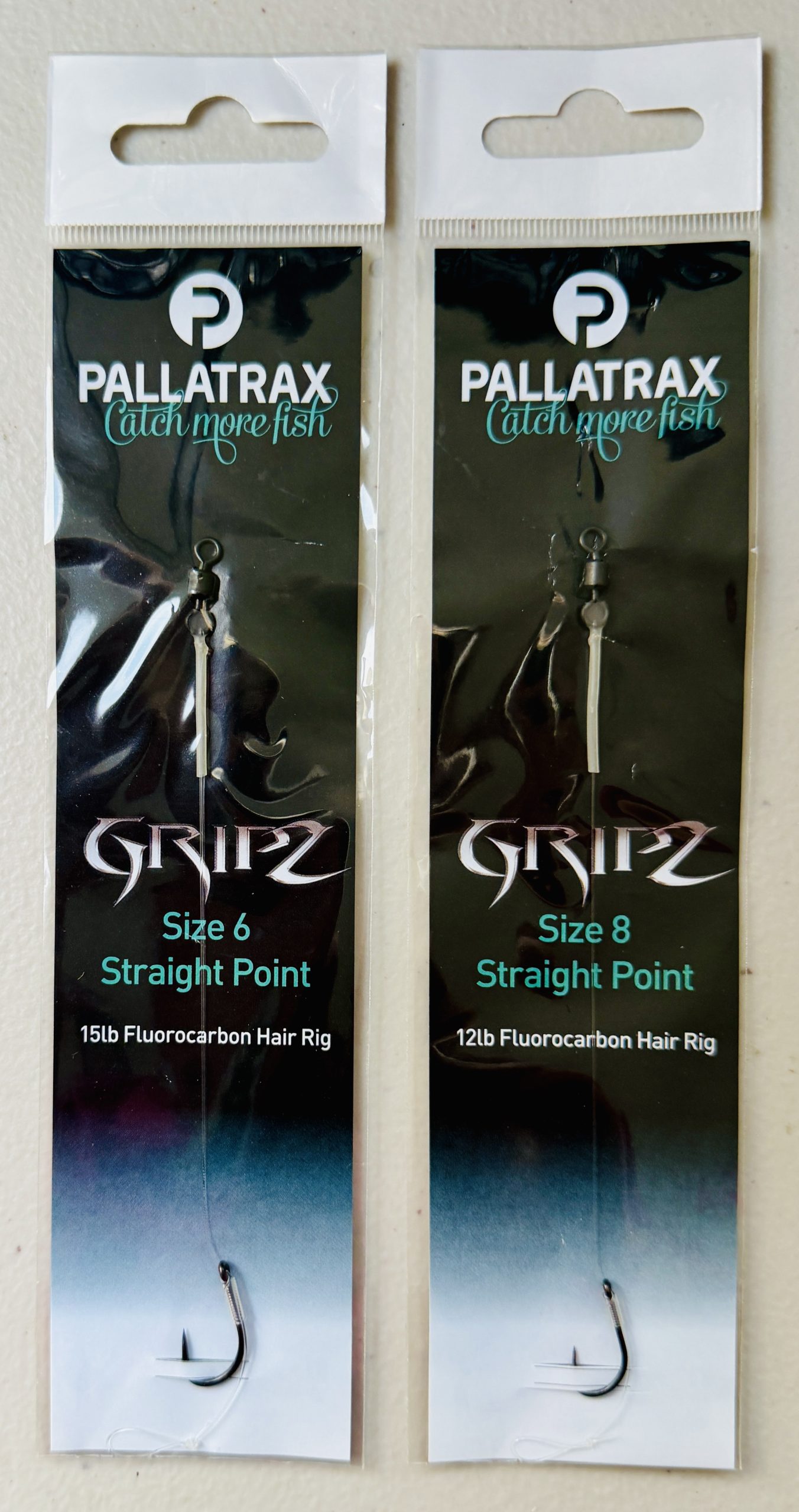 Image of retail packs of Pallatrax Gripz Straight Point Fluorocarbon Hair Rigs in size 6 and 8