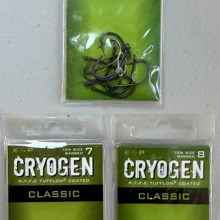 Image showing 3 retail packs of ESP Cryogen Classic Barbed Carp Hooks in Size 4, 7 and 8