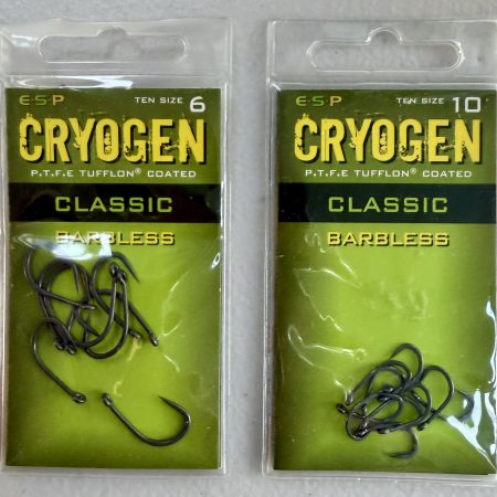 Image showing 2 retail packs of ESP Cryogen Classic Barbless Carp Hooks in Size 6 and 10