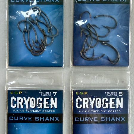 Image showing 4 retail packs of ESP Cryogen Curve Shanx Barbed (Micro-Barb) Carp Hooks in Size 4, 6, 7 and 8