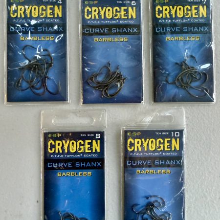 Image showing 5 retail packs of ESP Cryogen Curve Shanx Barbless Carp Hooks in Size 4, 6, 7, 8 and 10