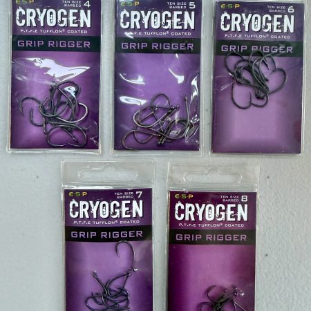 Image showing 5 retail packs of ESP Cryogen Grip Rigger Barbed (Micro-Barb) Carp Hooks in Size 4, 5, 6, 7 and 8