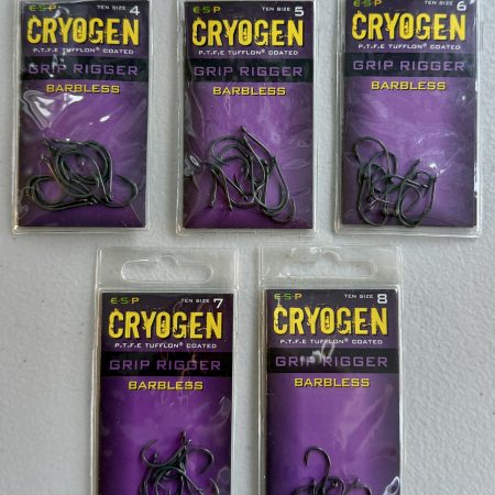 Image showing 5 retail packs of ESP Cryogen Grip Rigger Barbless Carp Hooks in Size 4, 5, 6, 7 and 8