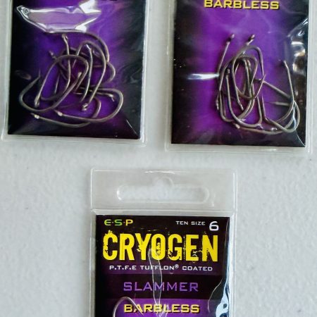 Image showing 3 retail packs of ESP Cryogen Slammer Barbless Carp Hooks in Size 4, 5 and 6