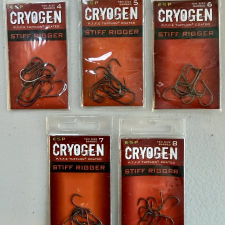 Image showing 5 retail packs of ESP Cryogen Stiff Rigger Barbed (Micro-Barb) Carp Hooks in Size 4, 5, 6, 7 and 8