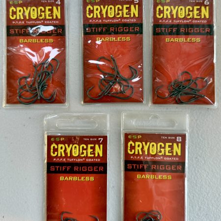Image showing 3 retail packs of ESP Cryogen Stiff Rigger Barbless Carp Hooks in Size 4, 5, 6, 7 and 8