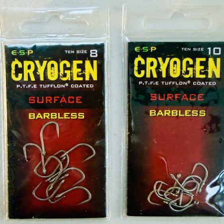 Image showing 2 retail packs of ESP Cryogen Surface Barbless Carp Hooks in Size 8 and 10.