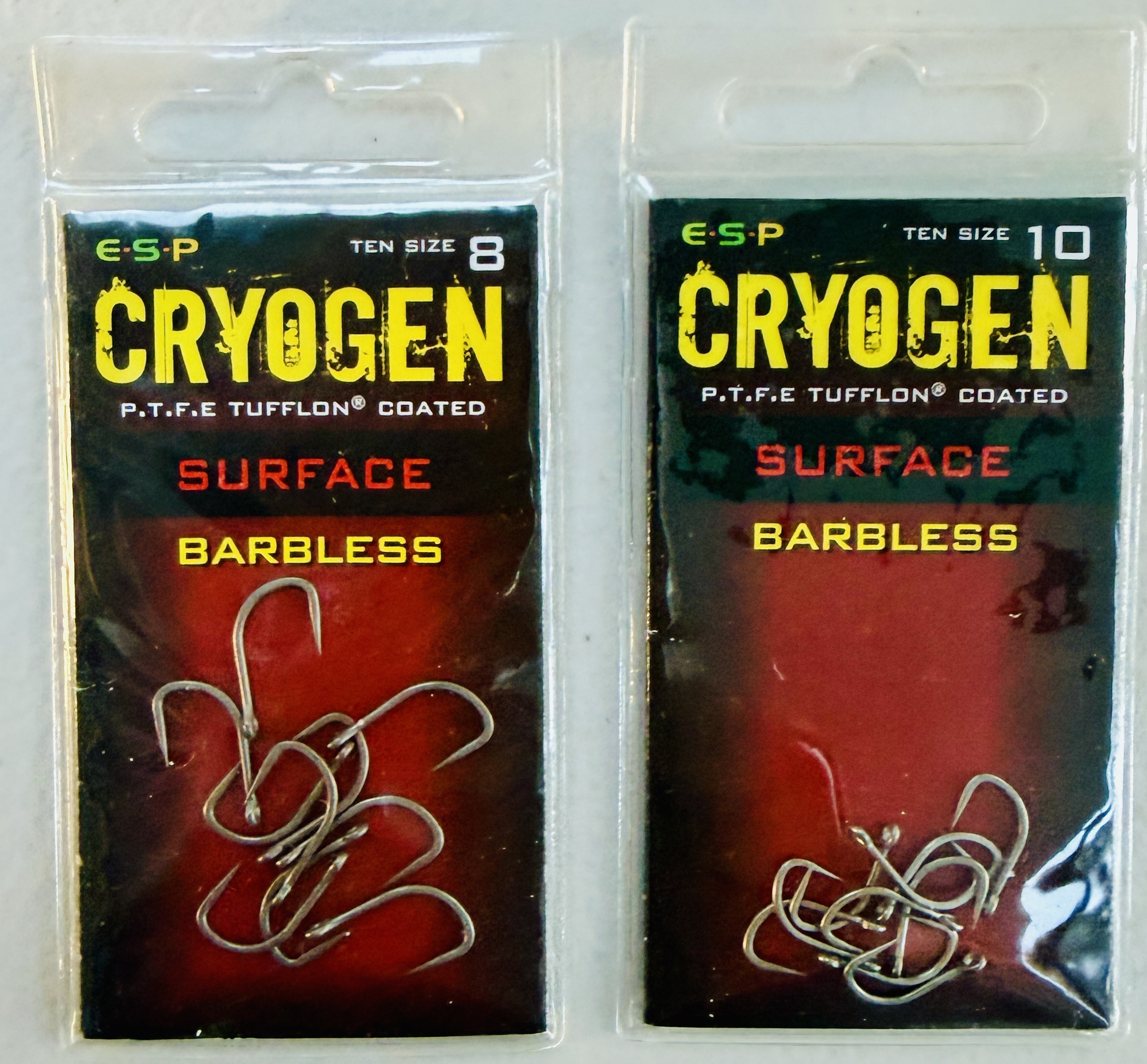 Image showing 2 retail packs of ESP Cryogen Surface Barbless Carp Hooks in Size 8 and 10.