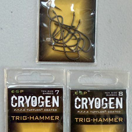 Image showing 3 retail packs of ESP Cryogen Stiff Rigger Barbed (Micro-Barb) Carp Hooks in Size 6, 7 and 8