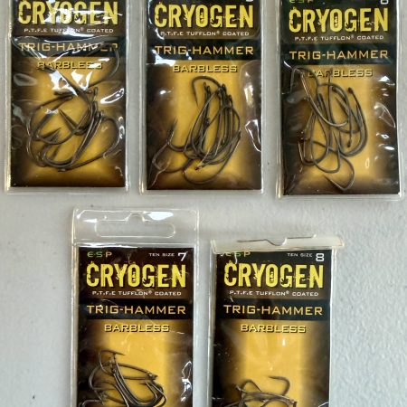 Image showing 5 retail packs of ESP Cryogen Trig Hammer Barbless Carp Hooks in Size 4, 5, 6, 7 and 8.
