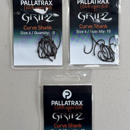 Image of retail packs of Pallatrax Gripz Curve Shank Hooks in sizes 4, 6 and 8