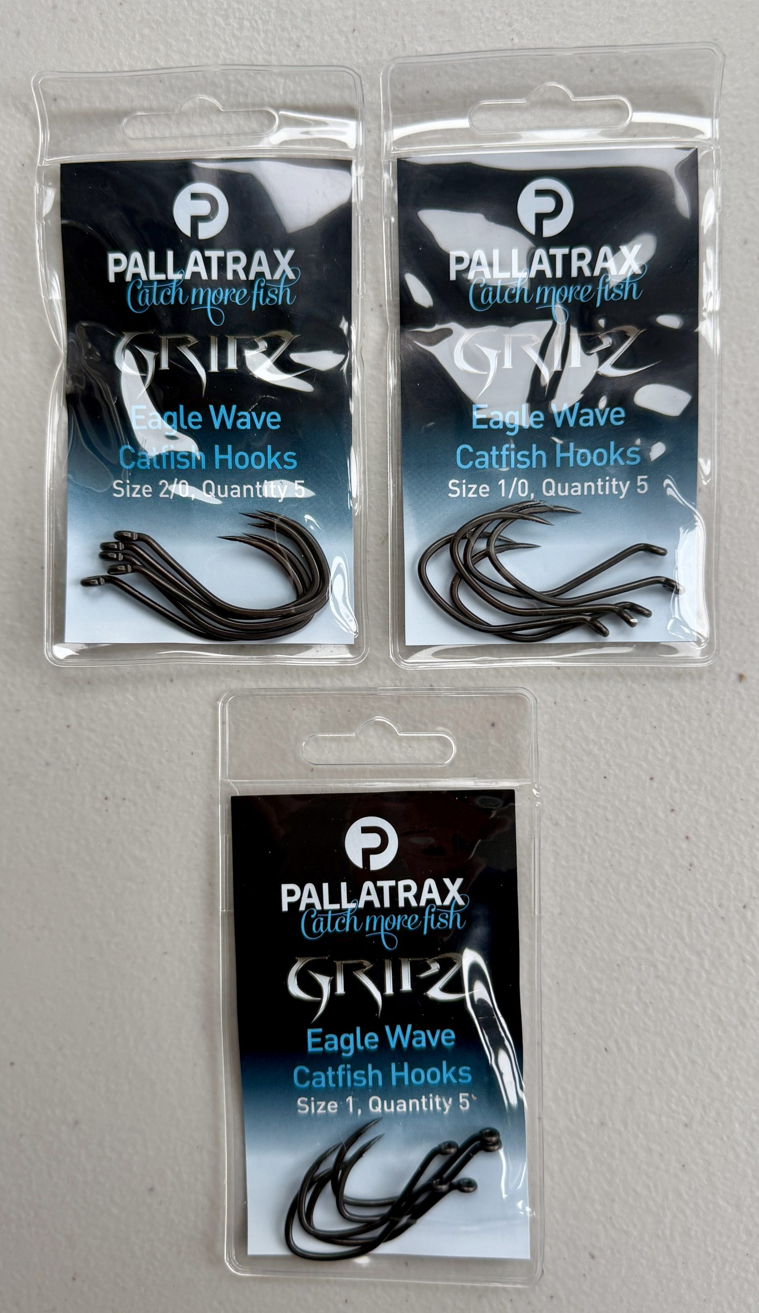 Image of 3 packs of Gripz Eagle Wave Catfish Hooks in Size 1, Size 1/0 and Size 2/0