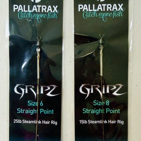 Image of retail packs of Pallatrax Gripz Straight Point Steamlink hair rigs in size 6 or 8