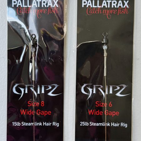Image of retail packs of Pallatrax Gripz Wide Gape Steamlink Hair rigs in size 6 and 8