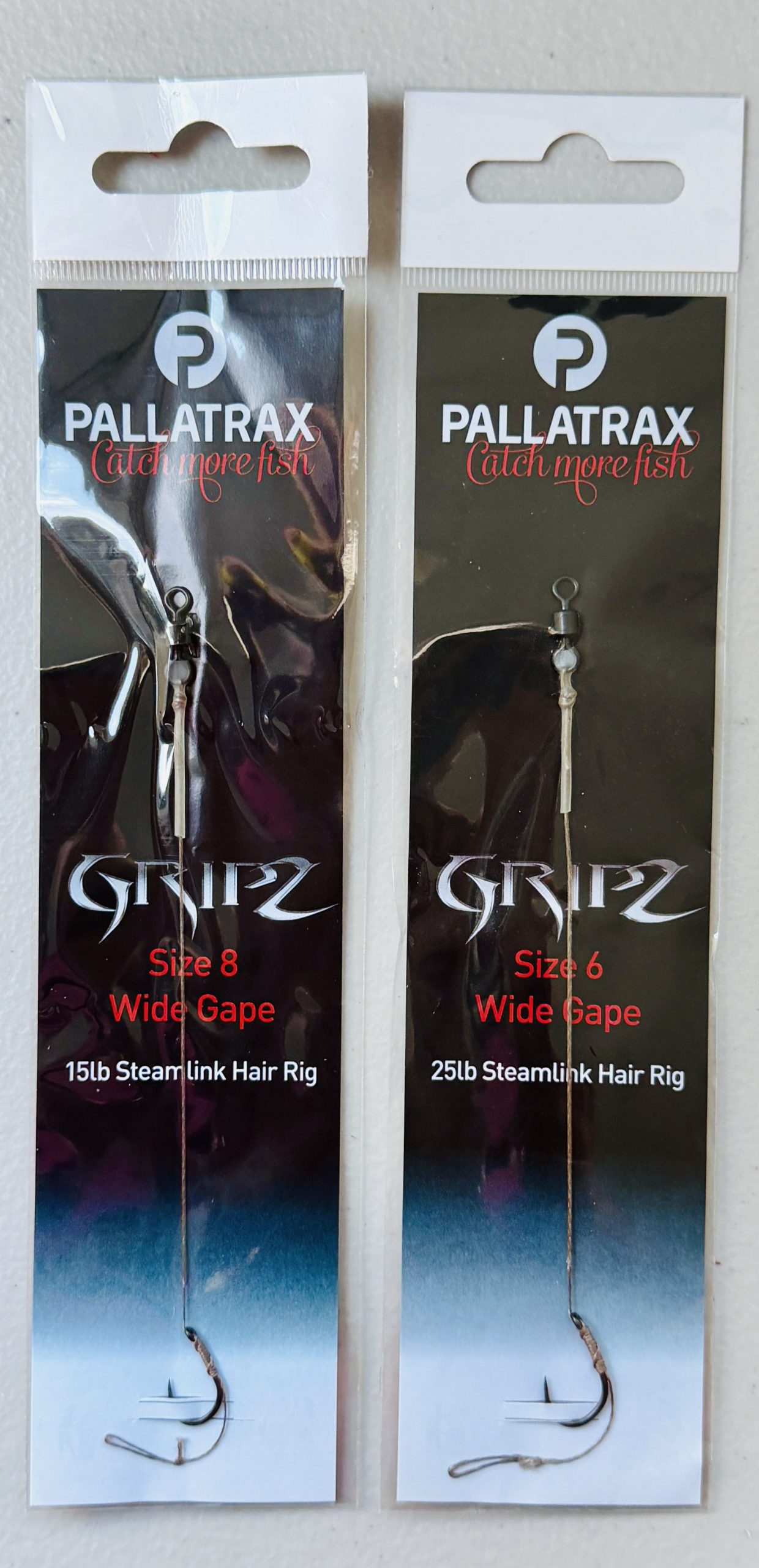 Image of retail packs of Pallatrax Gripz Wide Gape Steamlink Hair rigs in size 6 and 8