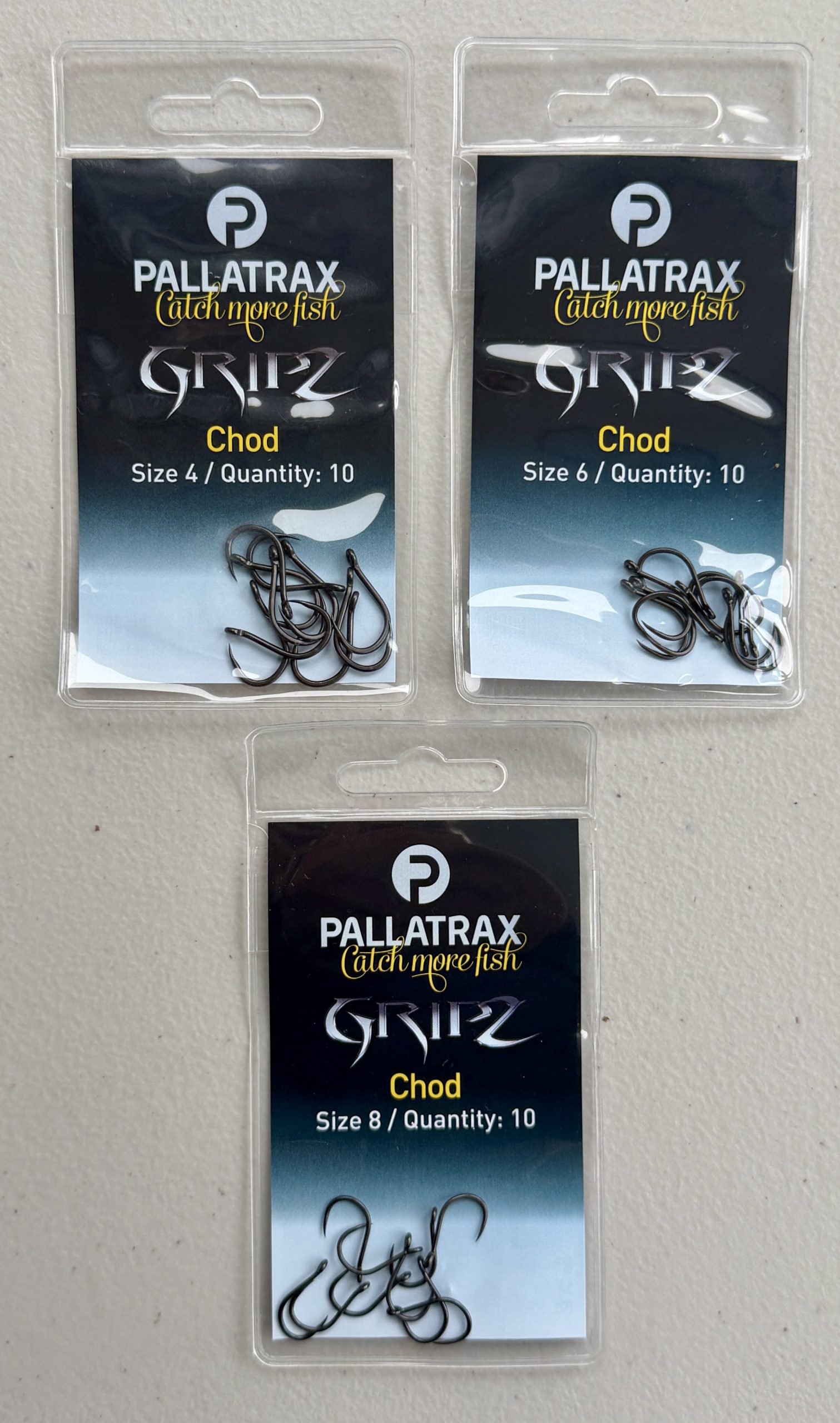 Image of 3 packs of Pallatrax Gripz Chod Hooks in Sizes 4, 6 and 8