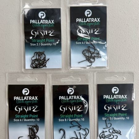 Image of 5 retail packs of Pallatrax Gripz Straight Point Hooks in Sizes 2, 4, 6, 8 and 10