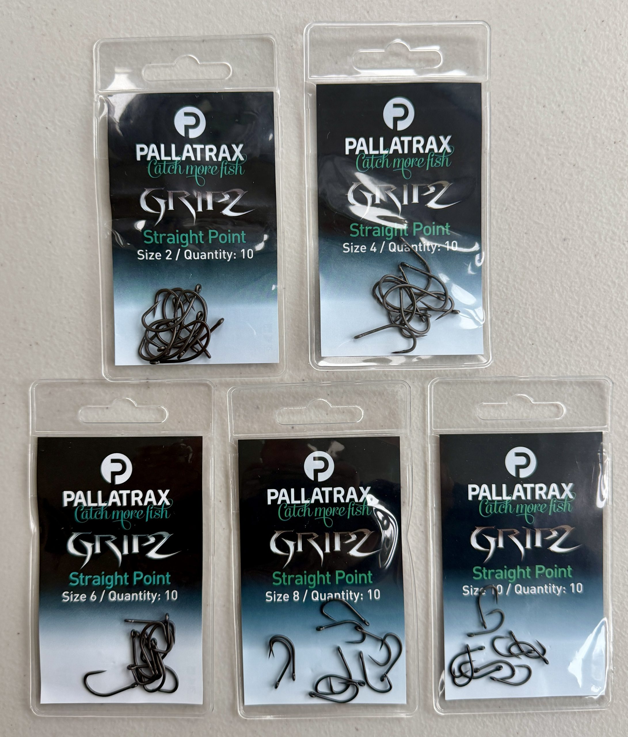 Image of 5 retail packs of Pallatrax Gripz Straight Point Hooks in Sizes 2, 4, 6, 8 and 10