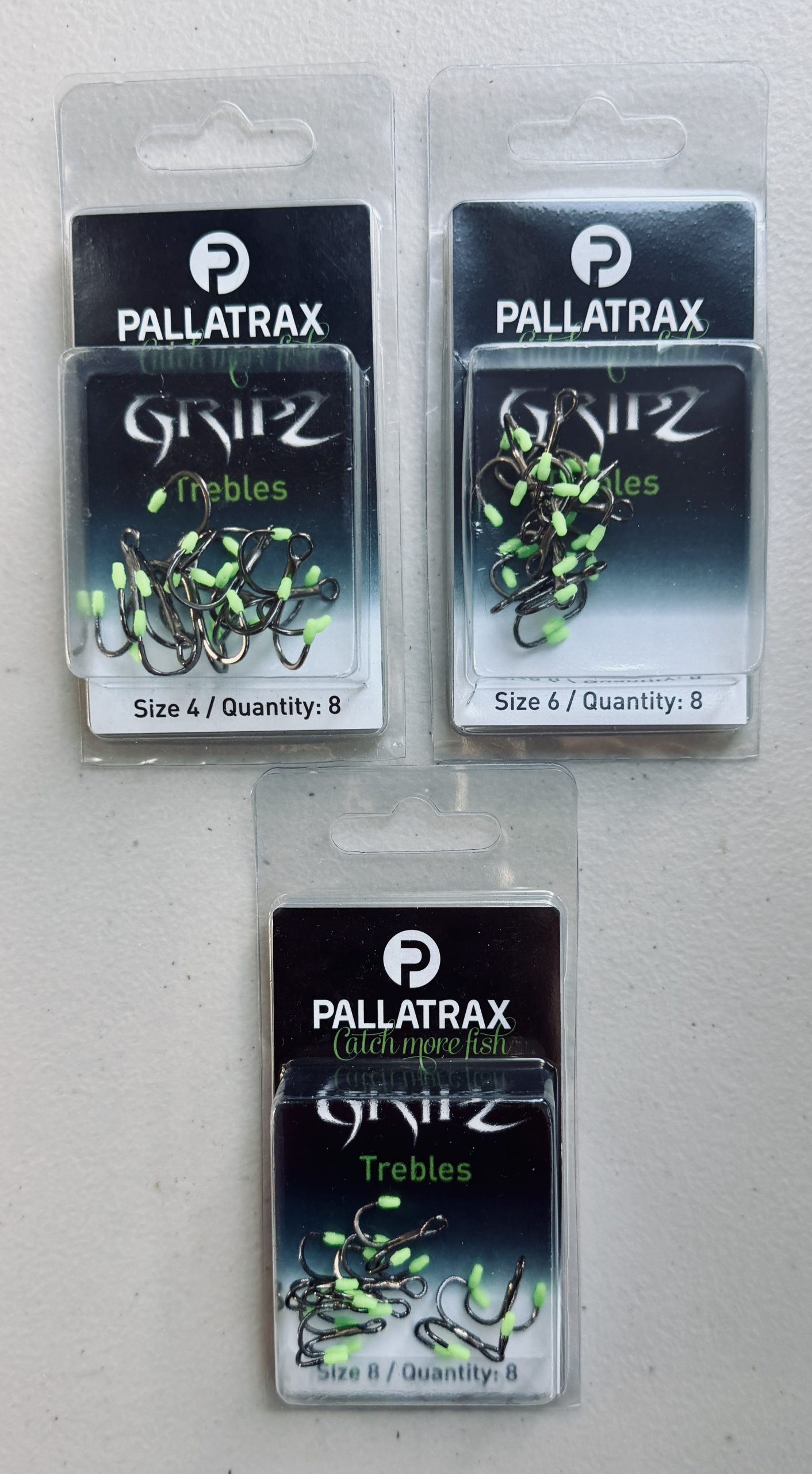 Image showing 3 retail pack of Pallatrax Gripz Treble Hooks in Sizes 4, 6 and 8