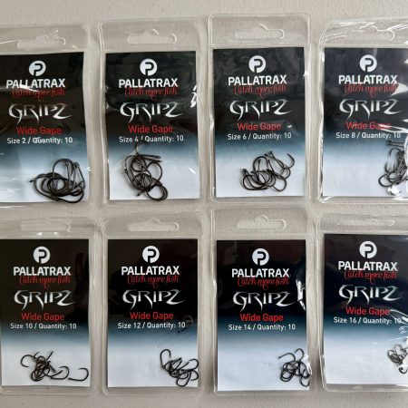 Image of 8 retail packs of Pallatrax Gripz Wide Gape Hooks in Sizes 2 to 16