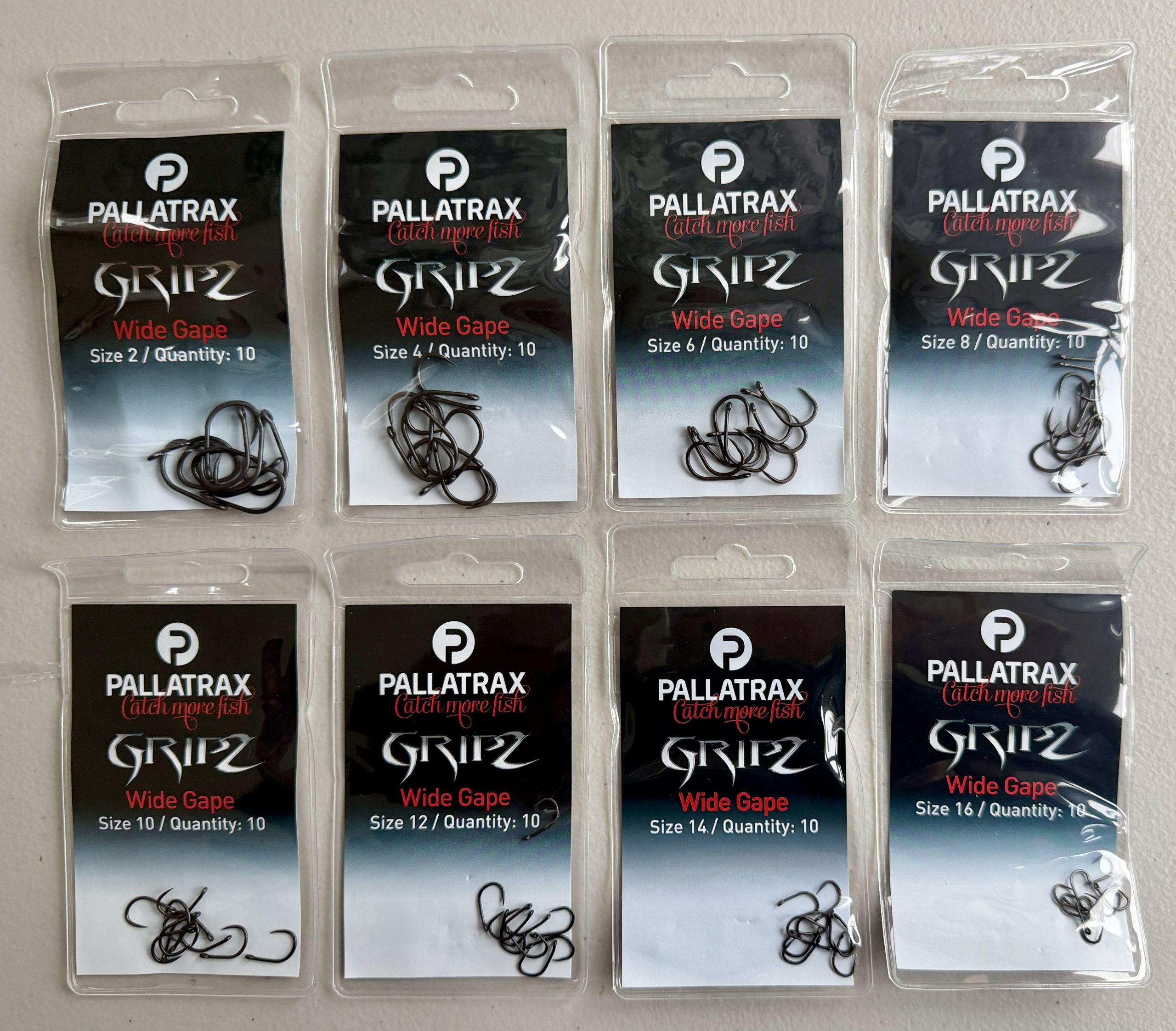 Image of 8 retail packs of Pallatrax Gripz Wide Gape Hooks in Sizes 2 to 16